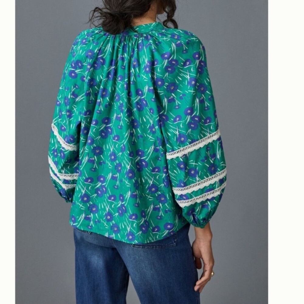 Porridge Anthropologie Green Floral Jovie Puffed Sleeve Peasant Blouse - Small - Picture 2 of 14